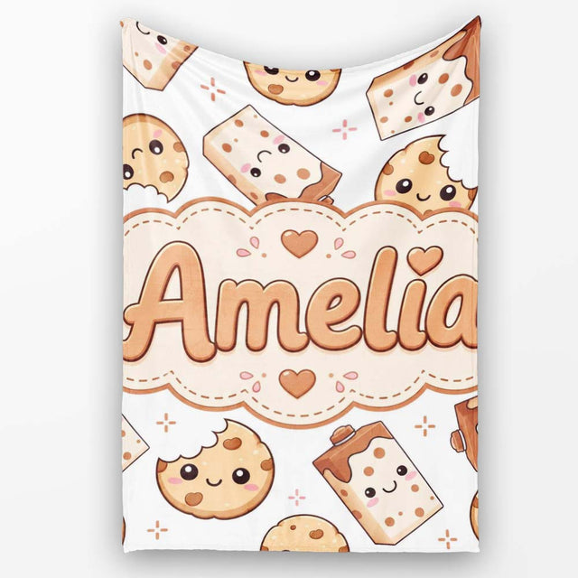 Cute Kawaii Cookies and Chocolate Milk Carton Grey Background  Personalised Custom Name Super Soft Fleece Blanket Bed Sofa Throw
