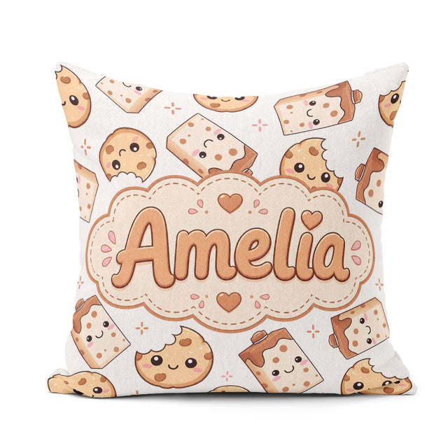 Custom Name Cute Kawaii Cookies and Milk Carton Grey Background Square Filled Cushion Throw Pillow Sofa Bed Home Decor Zip Washable UK Made