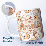 Personalized Custom Name Cute Kawaii Cookies and Chocolate Milk Carton Grey Background 11oz Ceramic Coffee Tea Mug White Large Handle