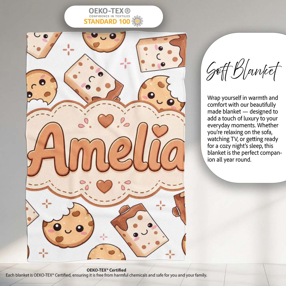 Cute Kawaii Cookies and Chocolate Milk Carton Grey Background  Personalised Custom Name Super Soft Fleece Blanket Bed Sofa Throw