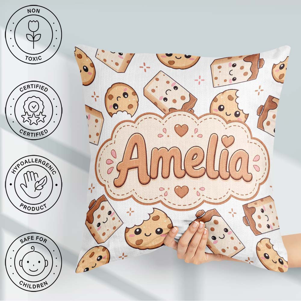 Custom Name Cute Kawaii Cookies and Milk Carton Grey Background Square Filled Cushion Throw Pillow Sofa Bed Home Decor Zip Washable UK Made