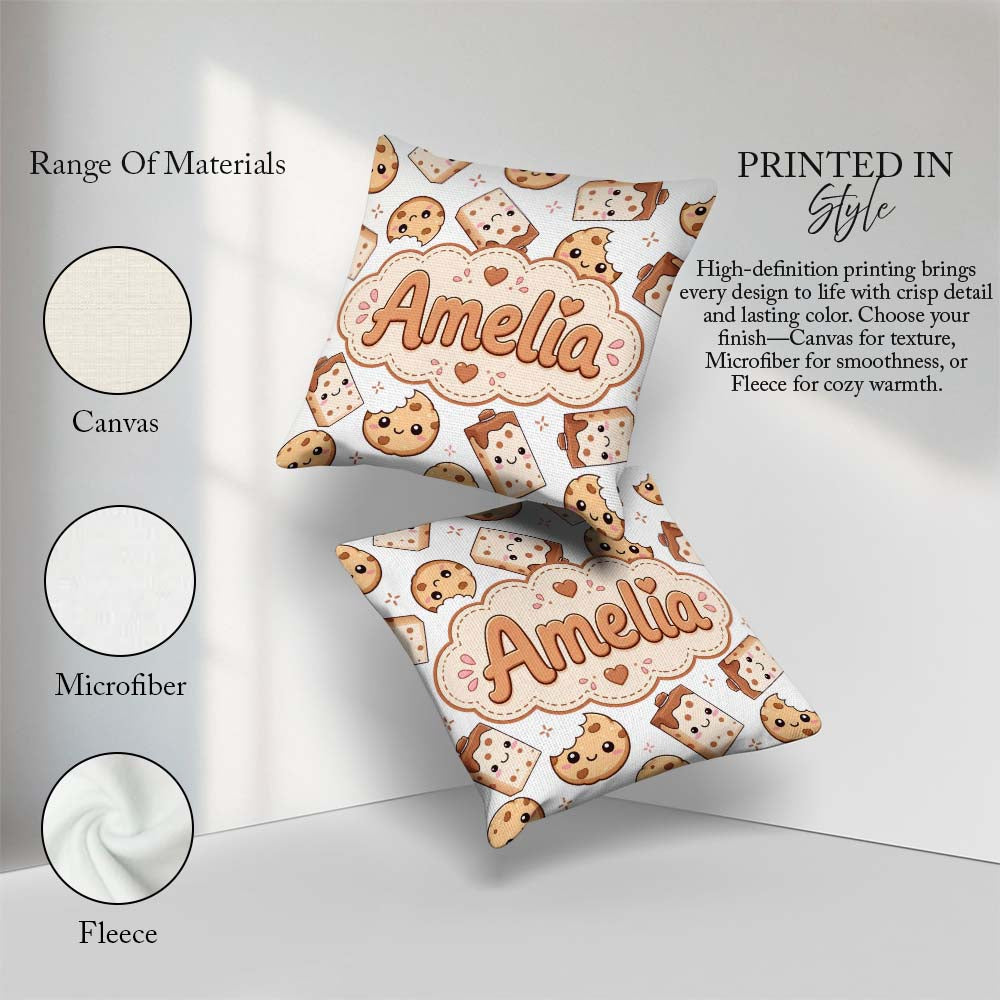 Custom Name Cute Kawaii Cookies and Milk Carton Grey Background Square Filled Cushion Throw Pillow Sofa Bed Home Decor Zip Washable UK Made