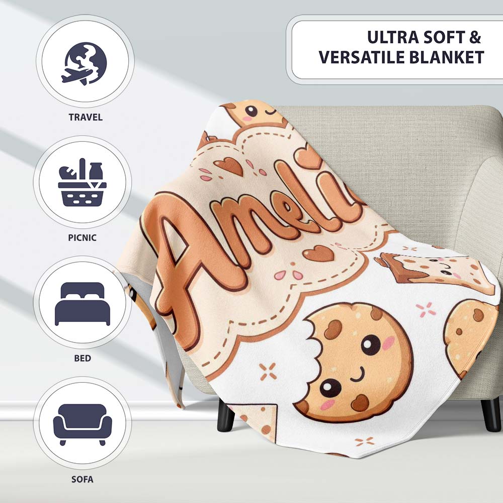 Cute Kawaii Cookies and Chocolate Milk Carton Grey Background  Personalised Custom Name Super Soft Fleece Blanket Bed Sofa Throw