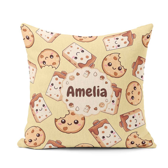 Custom Name Kawaii Chocolate Milk and Cookie Characters Seamless Square Filled Cushion Throw Pillow Sofa Bed Home Decor Zip Washable UK Made