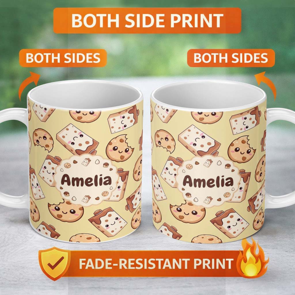 Personalized Custom Name Cute Kawaii Chocolate Milk and Cookie Characters Seamless Pattern 11oz Ceramic Coffee Tea Mug White Large Handle