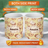 Personalized Custom Name Cute Kawaii Chocolate Milk and Cookie Characters Seamless Pattern 11oz Ceramic Coffee Tea Mug White Large Handle