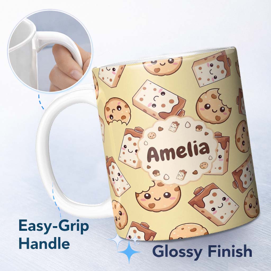 Personalized Custom Name Cute Kawaii Chocolate Milk and Cookie Characters Seamless Pattern 11oz Ceramic Coffee Tea Mug White Large Handle