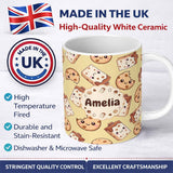 Personalized Custom Name Cute Kawaii Chocolate Milk and Cookie Characters Seamless Pattern 11oz Ceramic Coffee Tea Mug White Large Handle