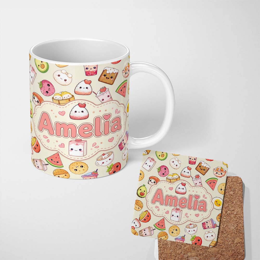 Personalized Custom Name Cute Kawaii Food Characters Sushi Fruit and Drinks Seamless Pattern 11oz Ceramic Coffee Tea Mug White Large Handle