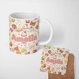 Personalized Custom Name Cute Kawaii Food Characters Sushi Fruit and Drinks Seamless Pattern 11oz Ceramic Coffee Tea Mug White Large Handle