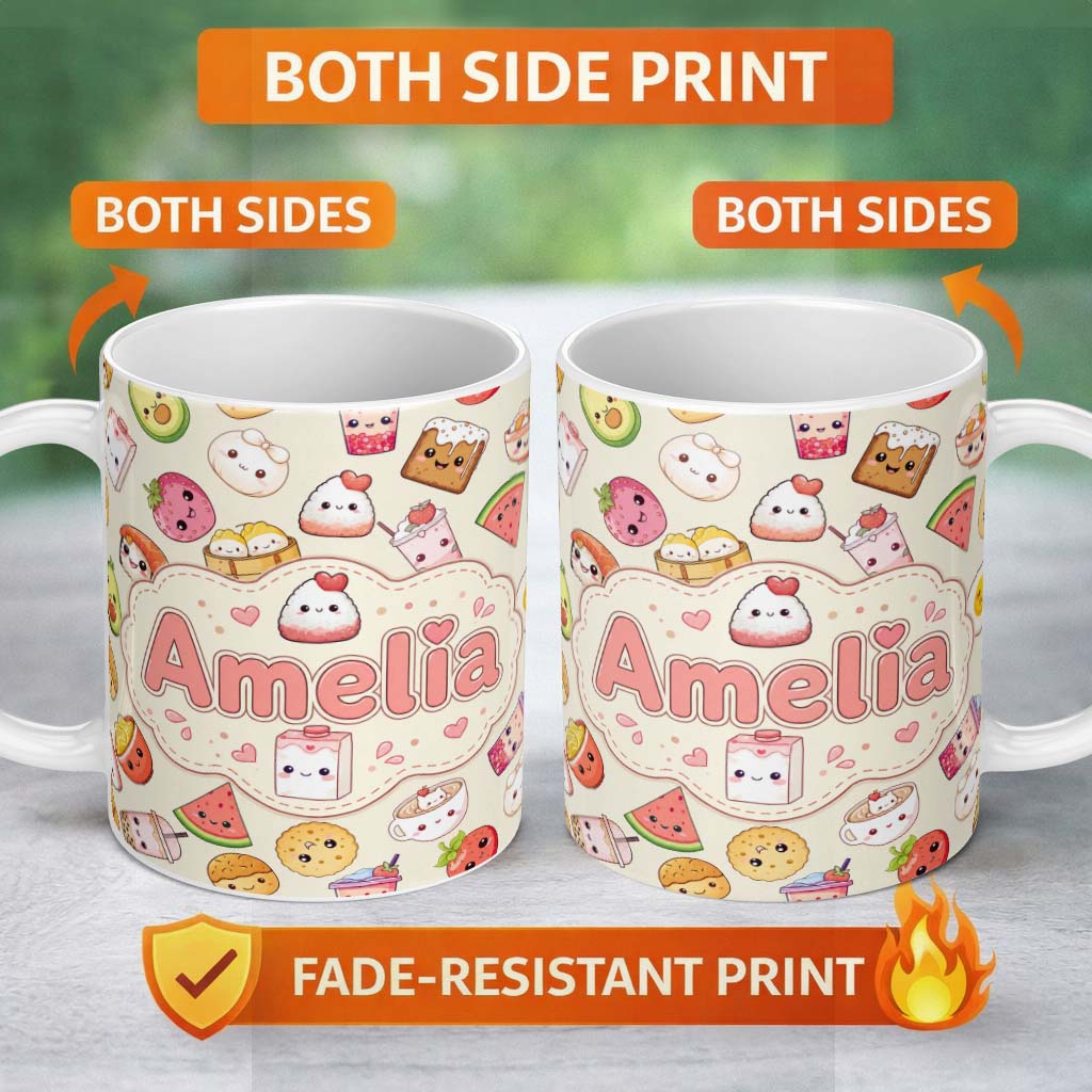 Personalized Custom Name Cute Kawaii Food Characters Sushi Fruit and Drinks Seamless Pattern 11oz Ceramic Coffee Tea Mug White Large Handle