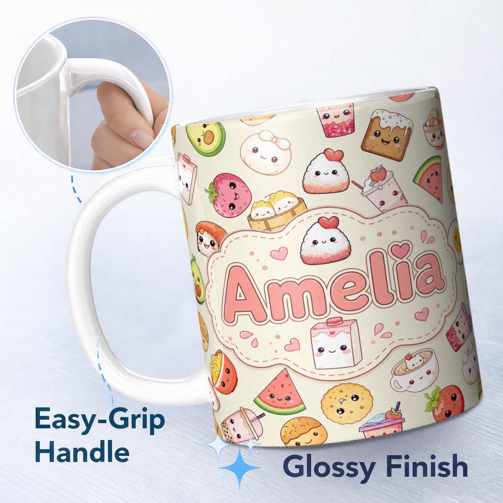 Personalized Custom Name Cute Kawaii Food Characters Sushi Fruit and Drinks Seamless Pattern 11oz Ceramic Coffee Tea Mug White Large Handle