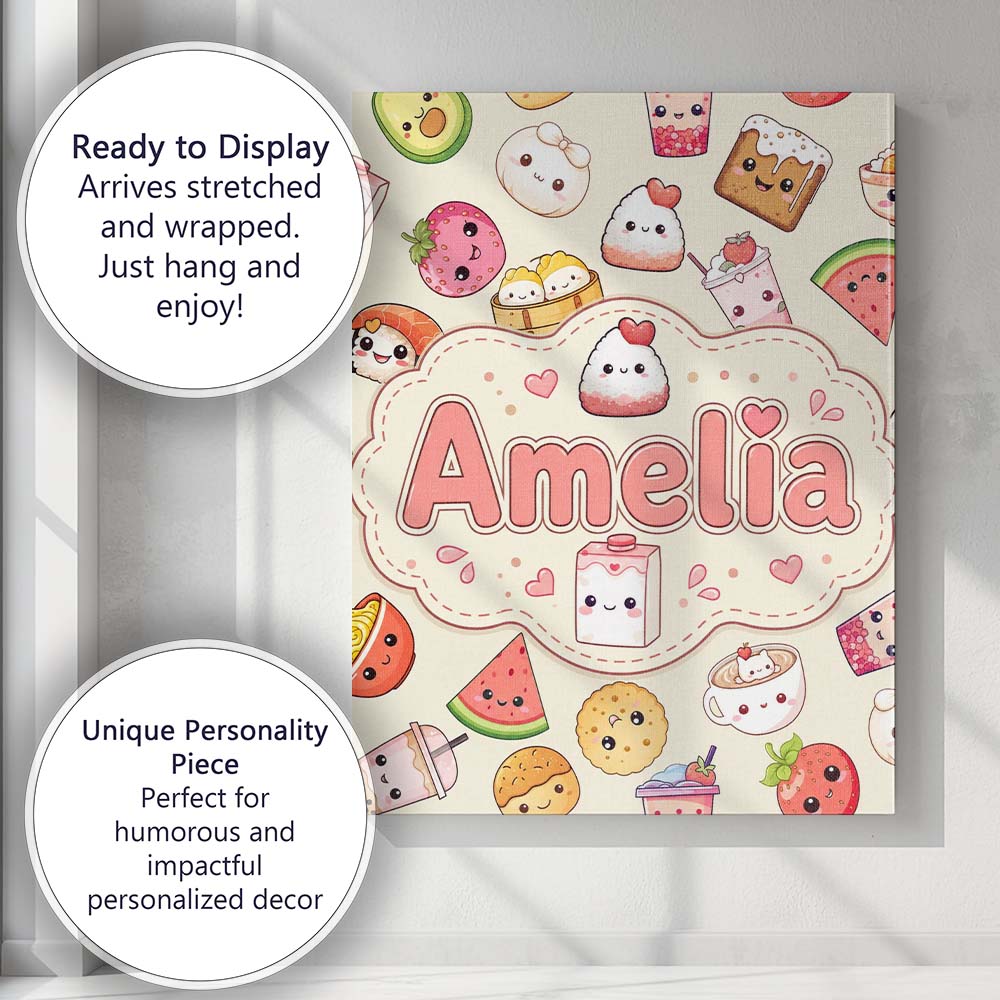 Personalised Name Cute Kawaii Food Characters Custom Unique Gift Idea Modern Room Accent Canvas Wall Art Print Decor Picture Ready to Hang