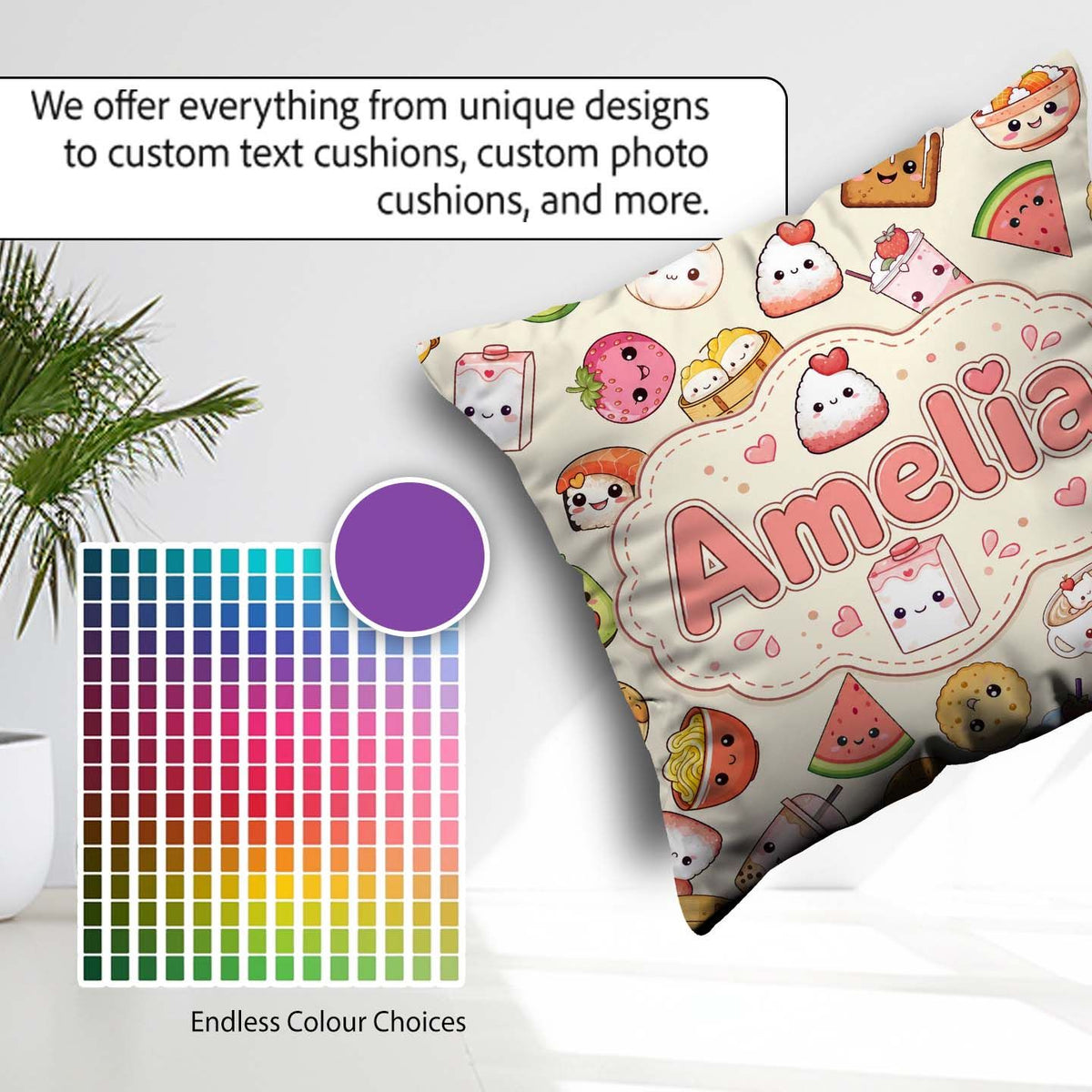 Custom Name Kawaii Food Sushi Fruit and Drinks Seamless Pattern Square Filled Cushion Throw Pillow Sofa Bed Home Decor Zip Washable UK Made