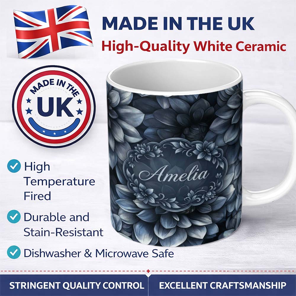 Personalized Custom Name Monochrome Dark Blue Floral Seamless Pattern Elegant Botanical 11oz Ceramic Coffee Tea Mug White Large Handle