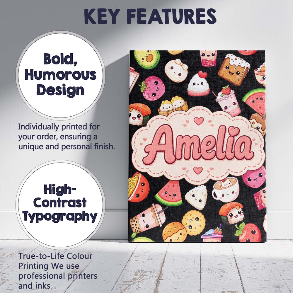 Personalised Name Cute Kawaii Food Characters Custom Unique Gift Idea Modern Room Accent Canvas Wall Art Print Decor Picture Ready to Hang