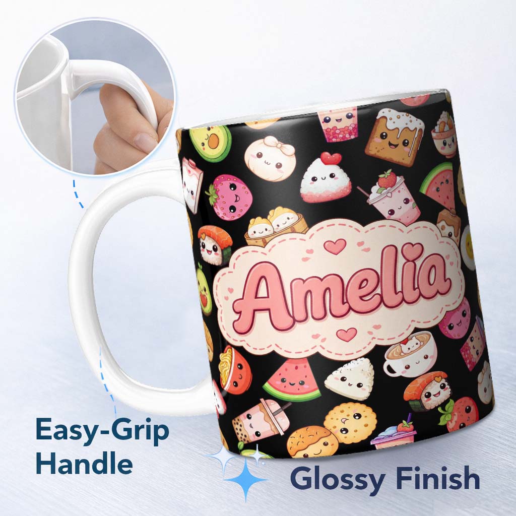 Personalized Custom Name Cute Kawaii Food Characters on Black Background Seamless Pattern 11oz Ceramic Coffee Tea Mug White Large Handle