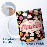 Personalized Custom Name Cute Kawaii Food Characters on Black Background Seamless Pattern 11oz Ceramic Coffee Tea Mug White Large Handle