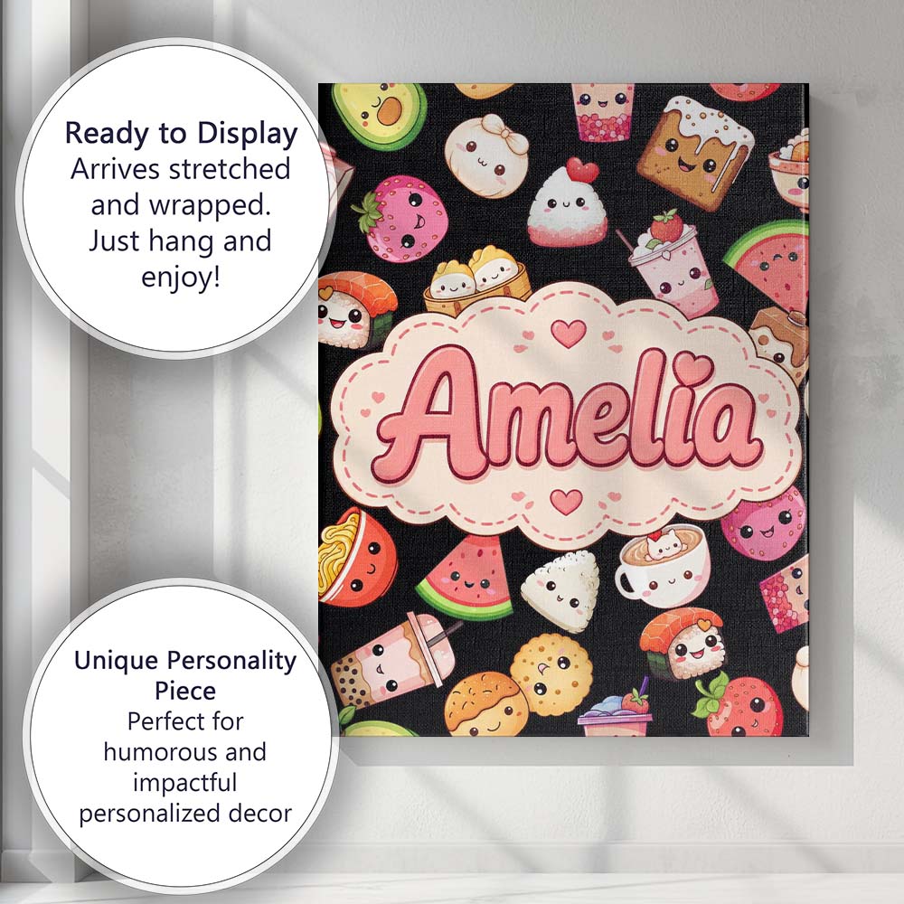 Personalised Name Cute Kawaii Food Characters Custom Unique Gift Idea Modern Room Accent Canvas Wall Art Print Decor Picture Ready to Hang