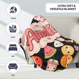 Cute Kawaii Food Characters on Black Background Seamless Pattern  Personalised Custom Name Super Soft Fleece Blanket Bed Sofa Throw