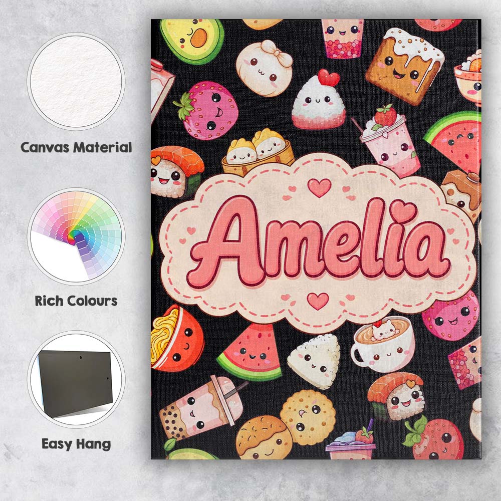 Personalised Name Cute Kawaii Food Characters Custom Unique Gift Idea Modern Room Accent Canvas Wall Art Print Decor Picture Ready to Hang