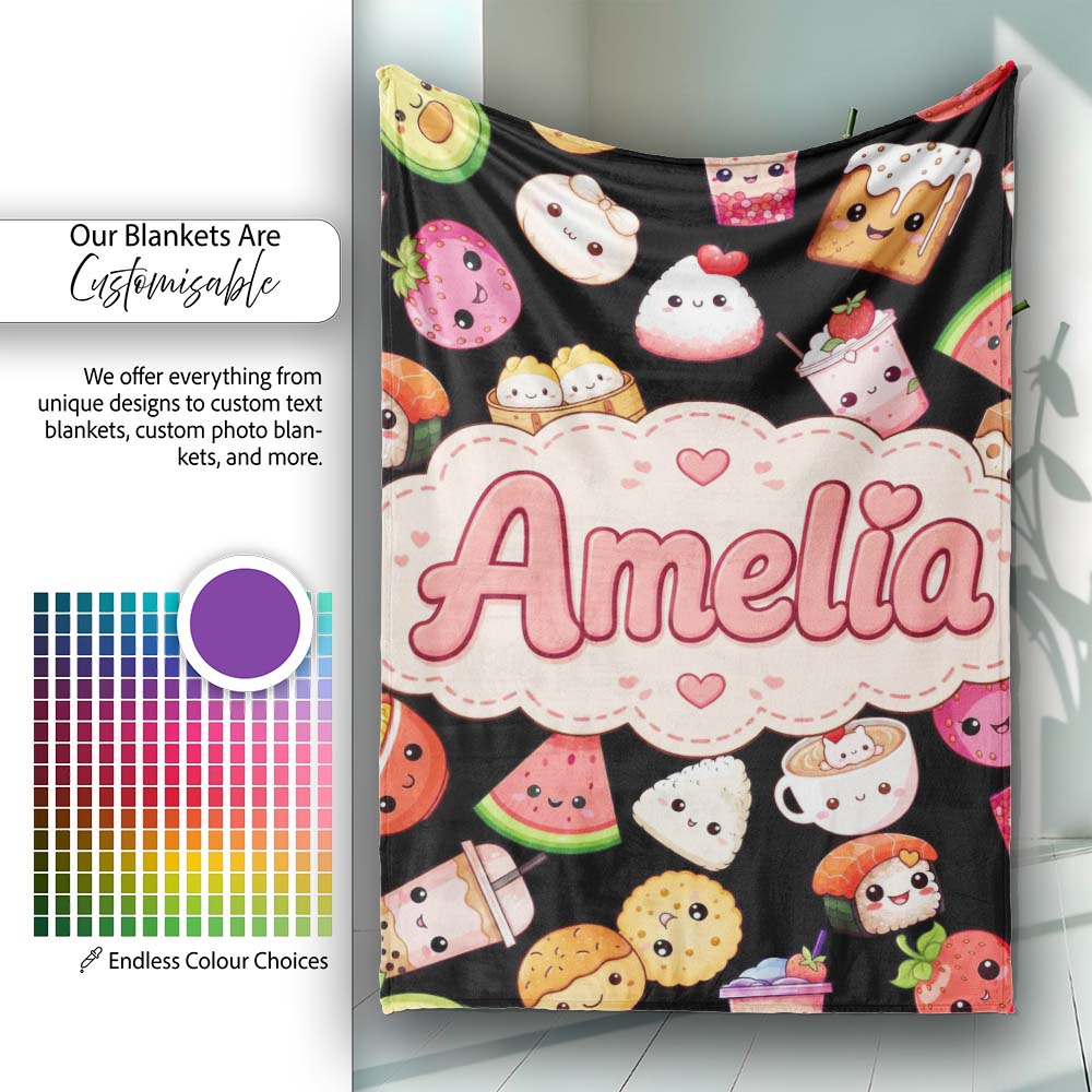 Cute Kawaii Food Characters on Black Background Seamless Pattern  Personalised Custom Name Super Soft Fleece Blanket Bed Sofa Throw