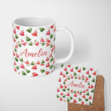 Personalized Custom Name Watercolor Christmas Bells Red Green Festive Seamless Pattern Lovely 11oz Ceramic Coffee Tea Mug White Large Handle