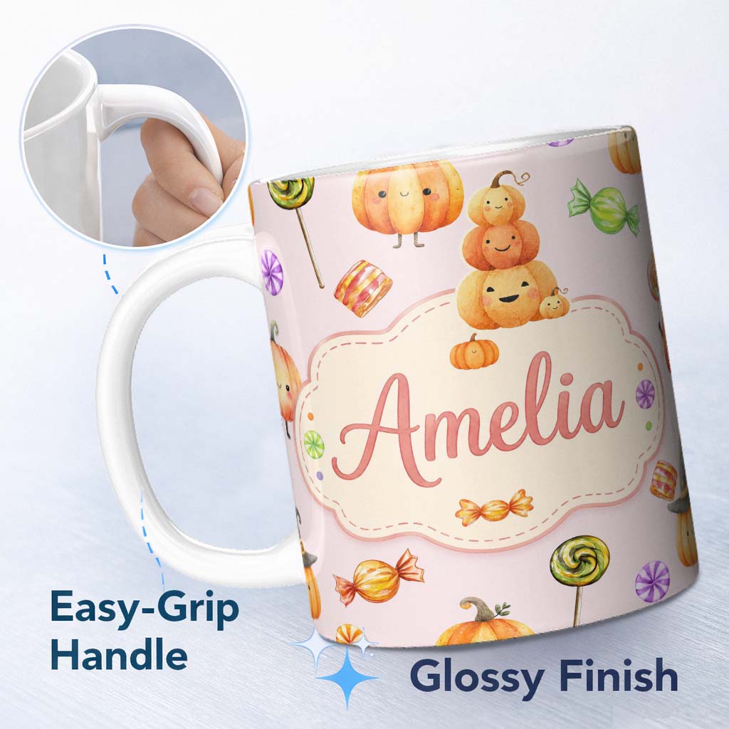 Personalized Custom Name Cute Candy Pumpkin Characters Pink Background Seamless Pattern UK 11oz Ceramic Coffee Tea Mug White Large Handle