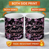 Personalized Custom Name Soft Pink Cherry Blossom Flowers on Dark Background Elegant Floral 11oz Ceramic Coffee Tea Mug White Large Handle