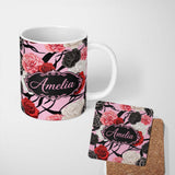 Personalized Custom Name Elegant Rose Floral with Black Red and White Flowers on Soft Pink 11oz Ceramic Coffee Tea Mug White Large Handle