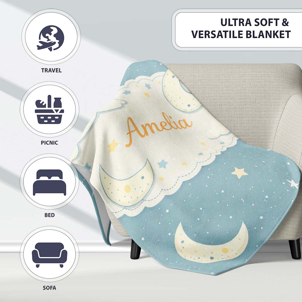 Light Blue Night Sky Moon Hanging Stars Cute Seamless Pattern Lovely  Personalised Custom Name Super Soft Fleece Blanket Bed Sofa Throw