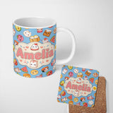 Personalized Custom Name Cute Kawaii Food Characters on Blue Background Seamless Pattern Name 11oz Ceramic Coffee Tea Mug White Large Handle