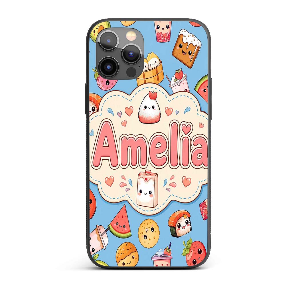 Cute Kawaii Food Characters on Blue Background Custom Name Protective Phone Case Mobile Cover Durable Everyday Smartphone Shock Resistant
