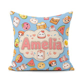 Custom Name Kawaii Food Characters on Blue Seamless Pattern Name Square Filled Cushion Throw Pillow Sofa Bed Home Decor Zip Washable UK Made