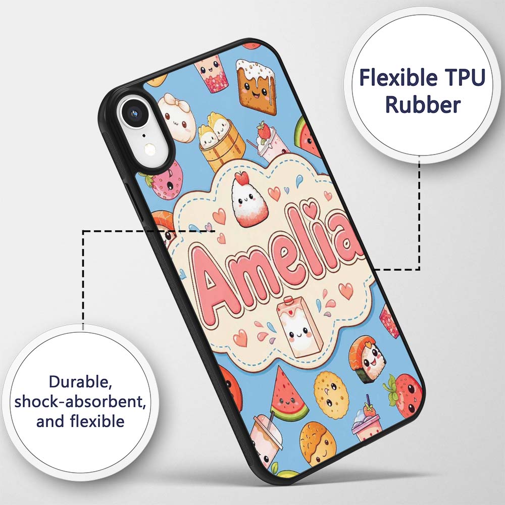 Cute Kawaii Food Characters on Blue Background Custom Name Protective Phone Case Mobile Cover Durable Everyday Smartphone Shock Resistant