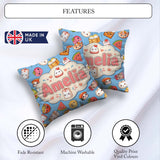 Custom Name Kawaii Food Characters on Blue Seamless Pattern Name Square Filled Cushion Throw Pillow Sofa Bed Home Decor Zip Washable UK Made