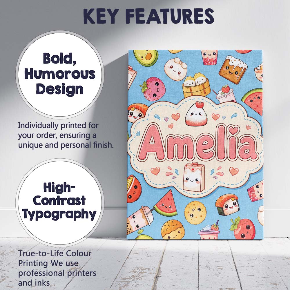 Personalised Name Cute Kawaii Food Characters Custom Unique Gift Idea Modern Room Accent Canvas Wall Art Print Decor Picture Ready to Hang
