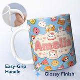 Personalized Custom Name Cute Kawaii Food Characters on Blue Background Seamless Pattern Name 11oz Ceramic Coffee Tea Mug White Large Handle