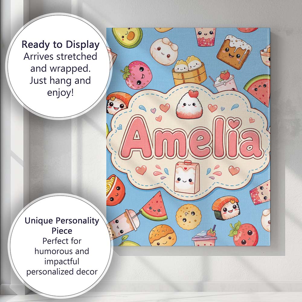 Personalised Name Cute Kawaii Food Characters Custom Unique Gift Idea Modern Room Accent Canvas Wall Art Print Decor Picture Ready to Hang