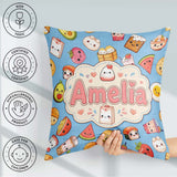 Custom Name Kawaii Food Characters on Blue Seamless Pattern Name Square Filled Cushion Throw Pillow Sofa Bed Home Decor Zip Washable UK Made