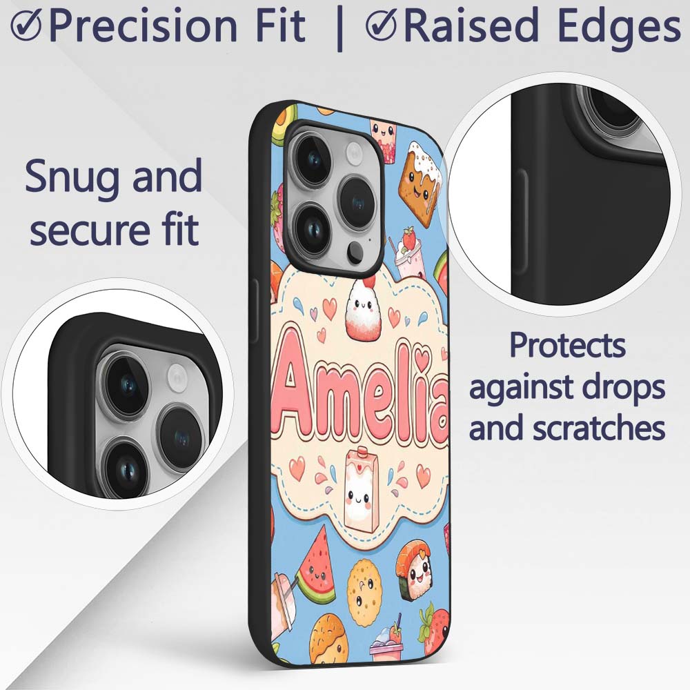 Cute Kawaii Food Characters on Blue Background Custom Name Protective Phone Case Mobile Cover Durable Everyday Smartphone Shock Resistant