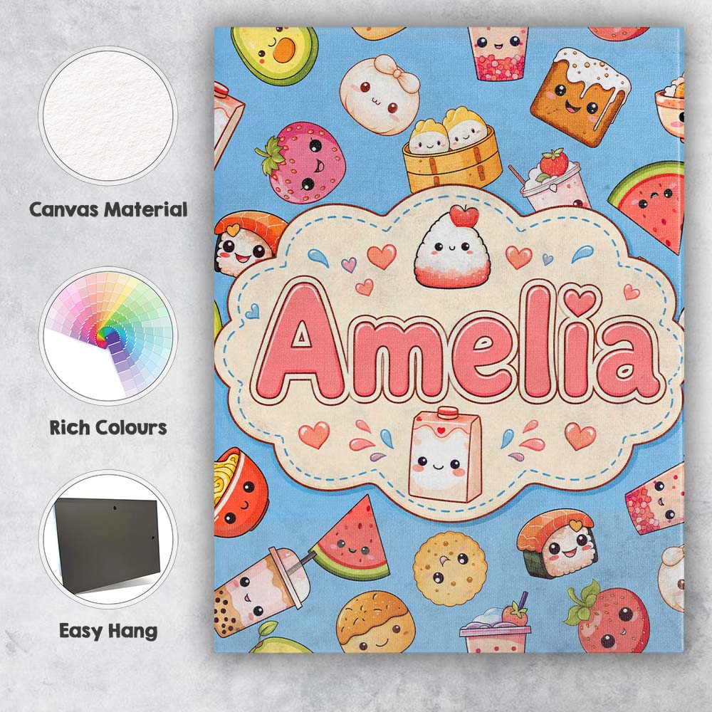 Personalised Name Cute Kawaii Food Characters Custom Unique Gift Idea Modern Room Accent Canvas Wall Art Print Decor Picture Ready to Hang