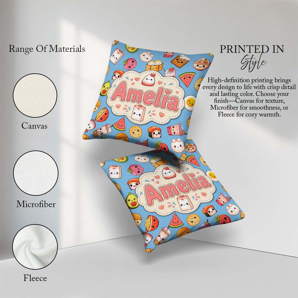 Custom Name Kawaii Food Characters on Blue Seamless Pattern Name Square Filled Cushion Throw Pillow Sofa Bed Home Decor Zip Washable UK Made