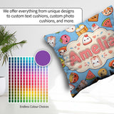 Custom Name Kawaii Food Characters on Blue Seamless Pattern Name Square Filled Cushion Throw Pillow Sofa Bed Home Decor Zip Washable UK Made