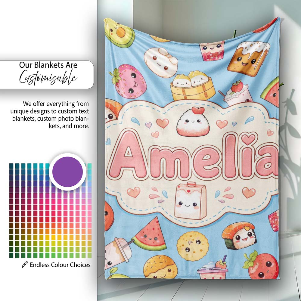 Cute Kawaii Food Characters on Blue Background Seamless Pattern Name  Personalised Custom Name Super Soft Fleece Blanket Bed Sofa Throw
