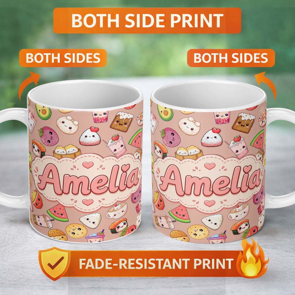 Personalized Custom Name Cute Kawaii Food Characters on Peach Background Seamless Pattern 11oz Ceramic Coffee Tea Mug White Large Handle