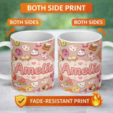 Personalized Custom Name Cute Kawaii Food Characters on Peach Background Seamless Pattern 11oz Ceramic Coffee Tea Mug White Large Handle