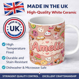 Personalized Custom Name Cute Kawaii Food Characters on Peach Background Seamless Pattern 11oz Ceramic Coffee Tea Mug White Large Handle