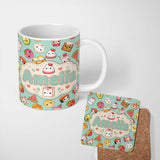 Personalized Custom Name Cute Kawaii Food Characters on Mint Green Background Seamless 11oz Ceramic Coffee Tea Mug White Large Handle