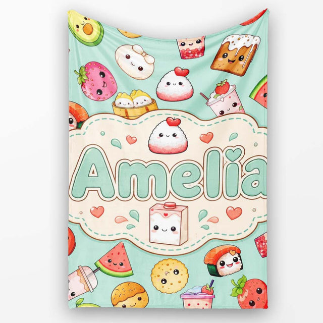 Cute Kawaii Food Characters on Mint Green Background Seamless  Personalised Custom Name Super Soft Fleece Blanket Bed Sofa Throw